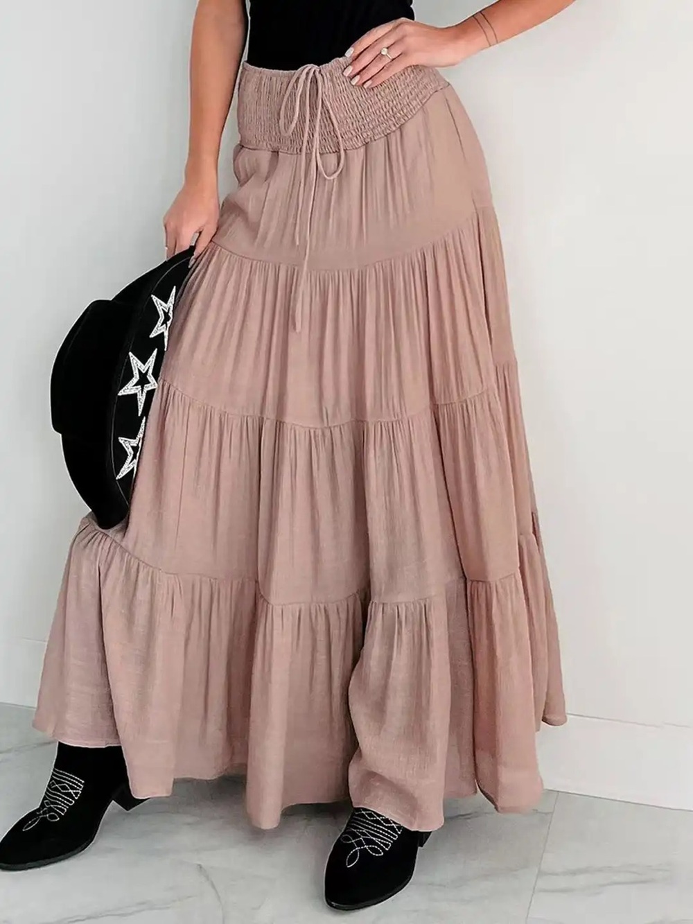 HYFVE Taupe Tiered Maxi Skirt with Smocked Waist size L